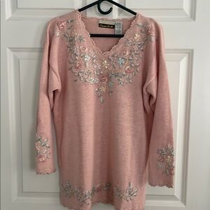 Pink Floral Embroidered V-Neck Sweater